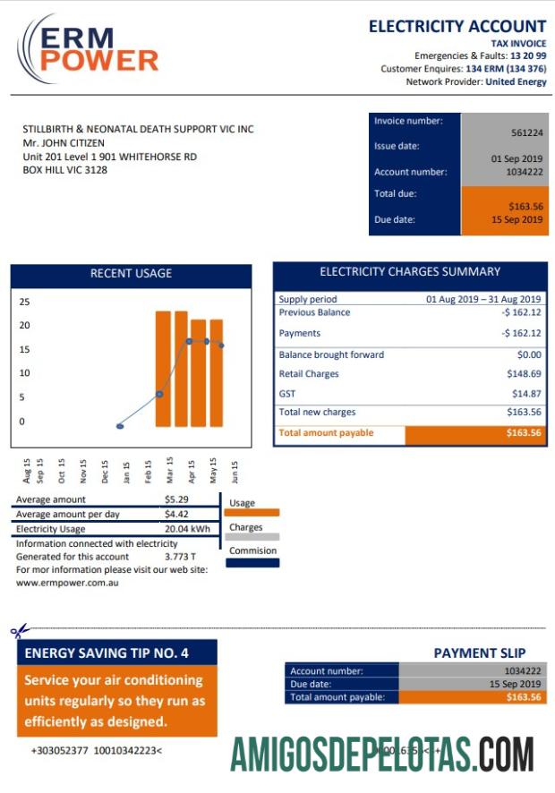 Comprovante de endereço de eletricidade e eletricidade da Austrália ERM conta de serviços públicos exemplo